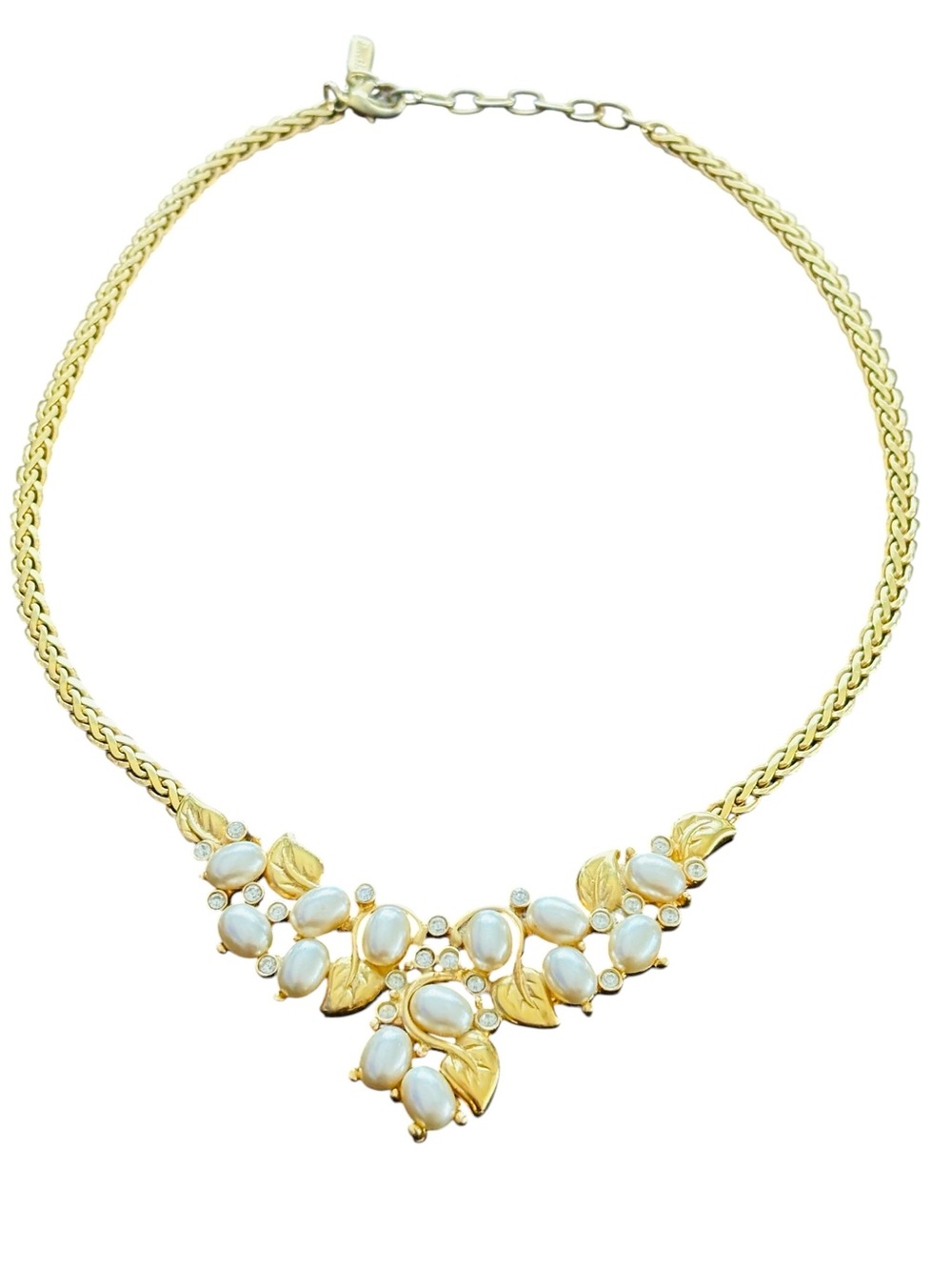 Vendome Signed Helen Marion 1960s Faux Pearl Rhinestone Leaf Bib Necklace